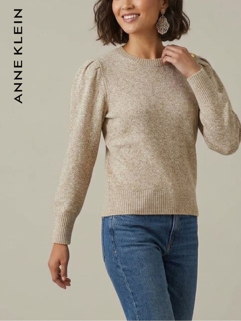 Anne Klein • Puff Sleeves With Gold Shoulder Buttons Knit Sweater